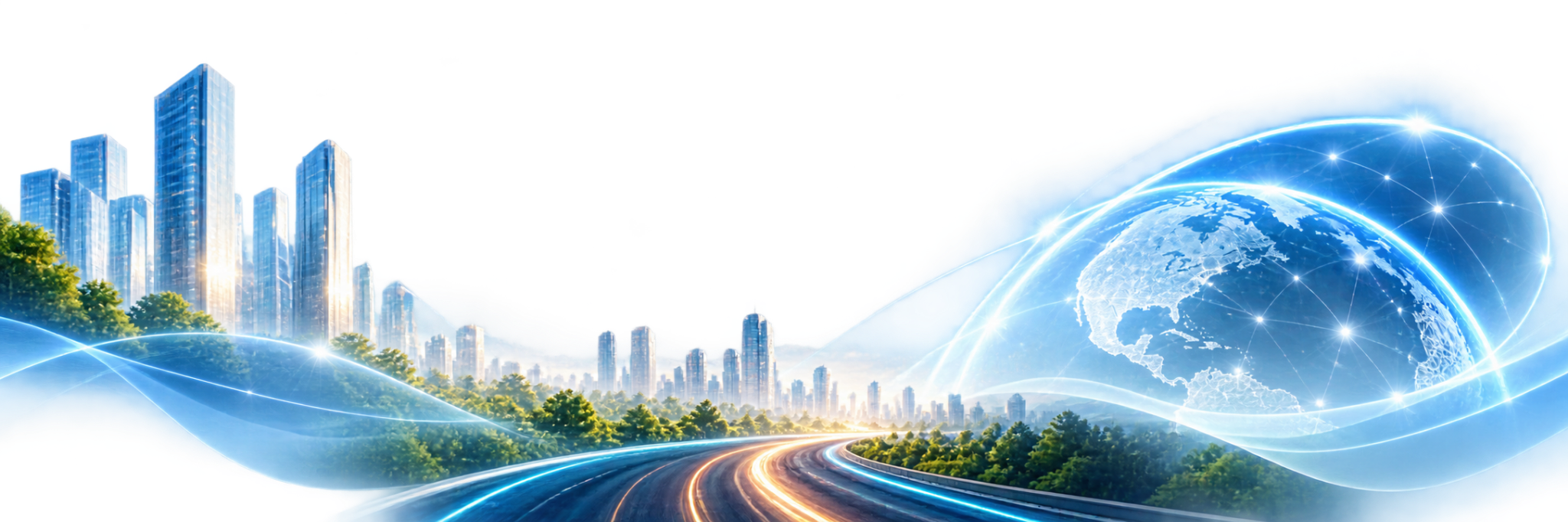 One continuous city, highway, and connected world panorama
